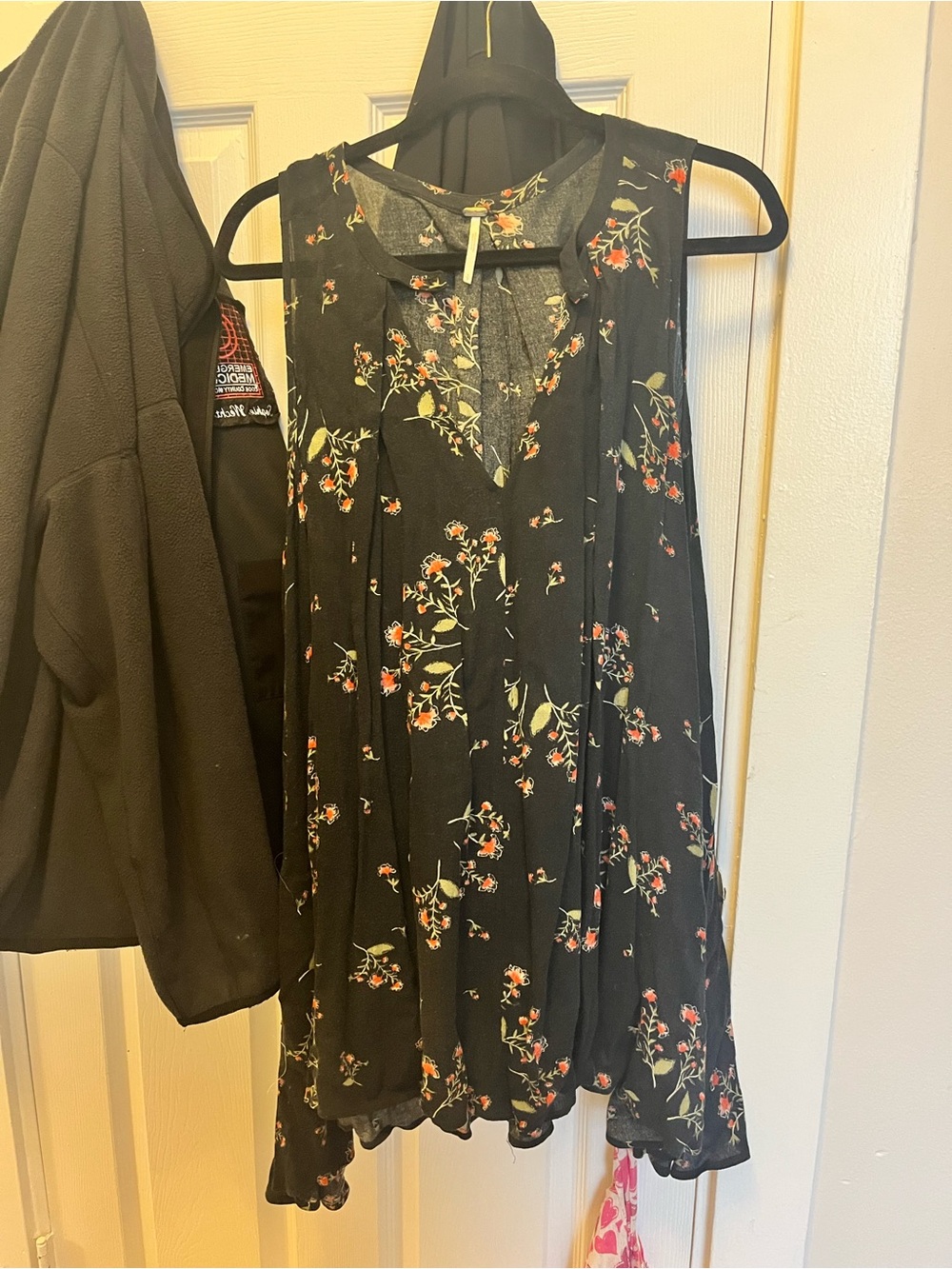 Free People Floral Sleeveless Swing Top with Red & Cream Blooms